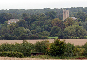 Odell Castle and Church seen from Felmersham Road September 2008